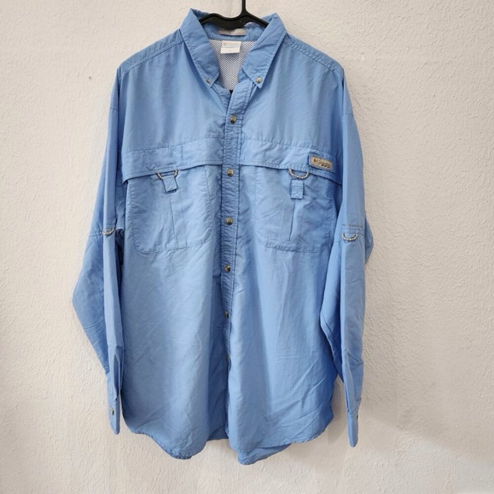 Columbia PFG Shirt Mens Medium Light Blue Insect Blocker Long Sleeve Fishing